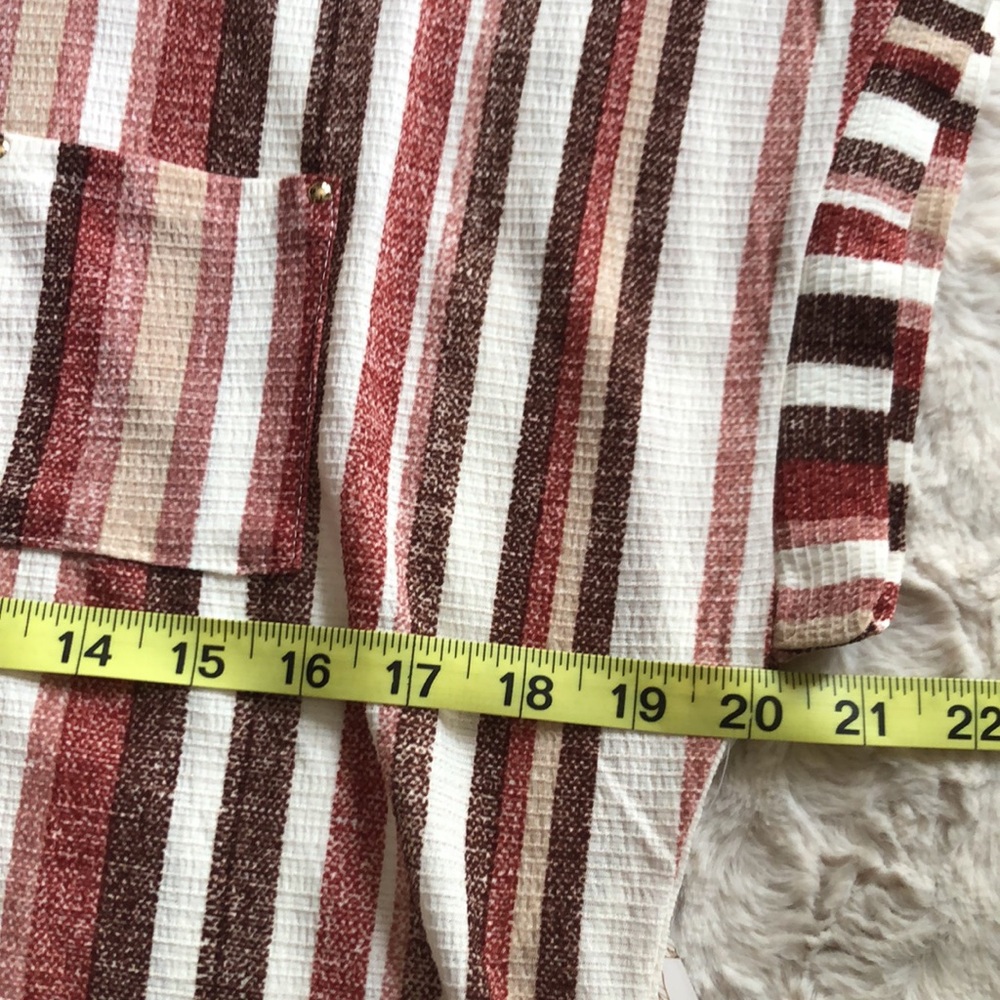 Striped Short-Sleeve V-Neck Blouse in Burgundy and White - Picture 9 of 11